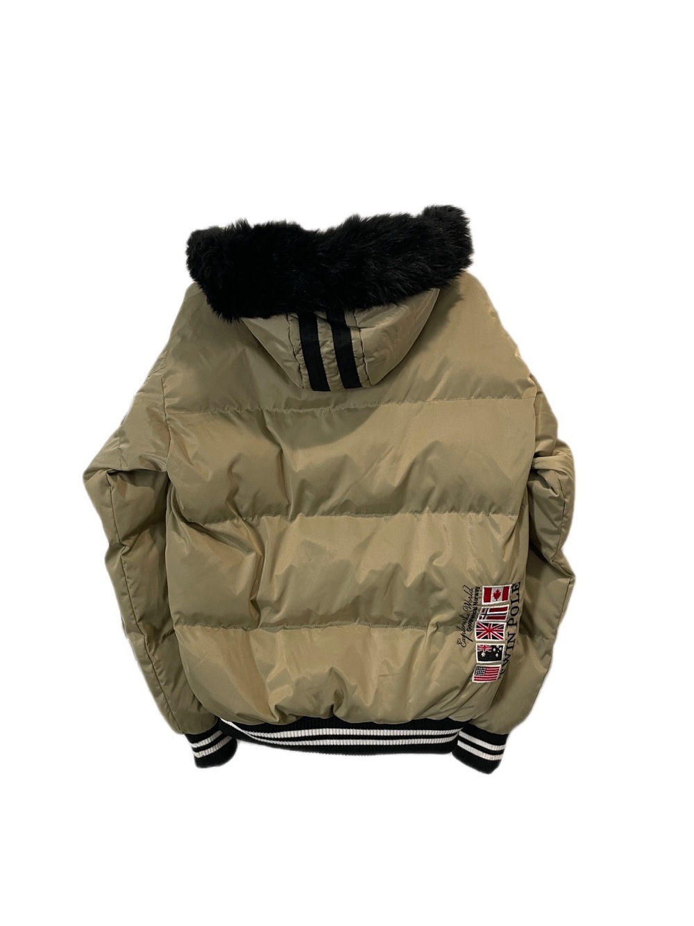 Geographical Norway Beige Jacket With Black Faux Fur Hood, Size S. View 2